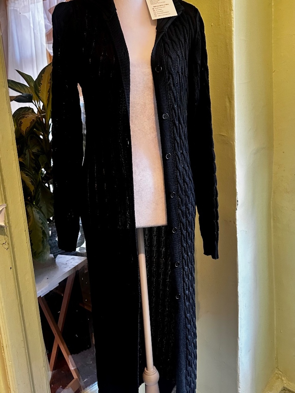 Long lightweight cable knit cardigan sweater/coat 48" length size small